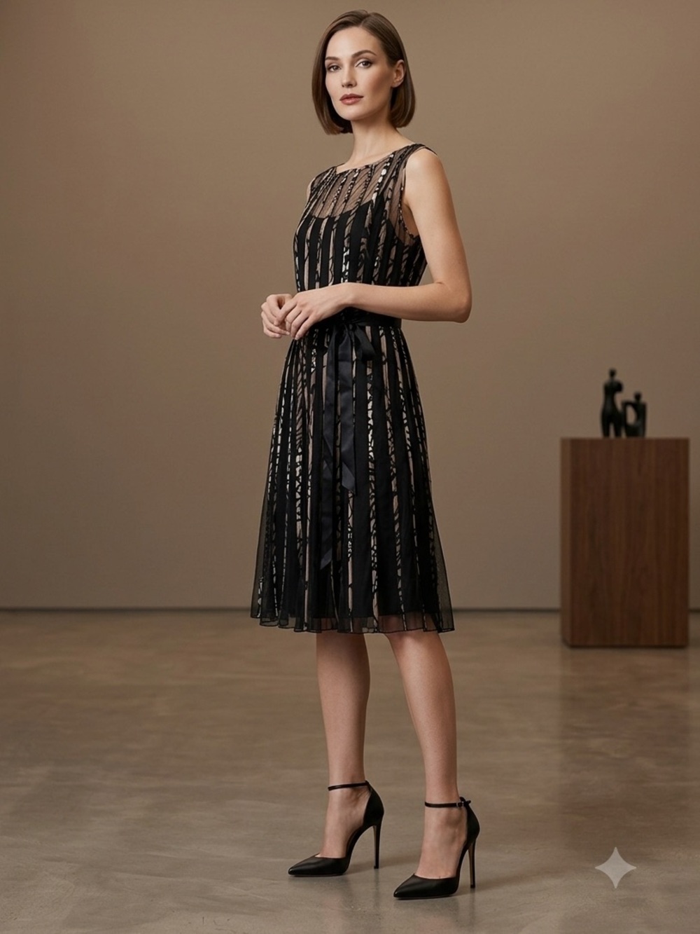 Dressbarn Collection Fit & Flare Midi Black Tan Mesh Overlay Ribbon Tie Waist - Picture 2 of 10